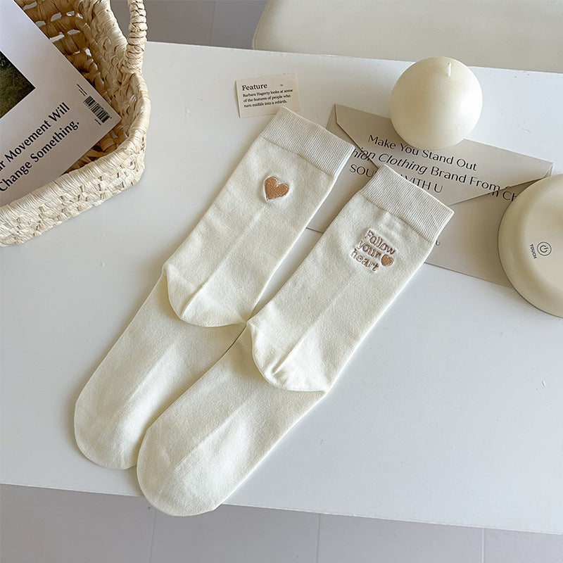Embroidered Heart Cotton Crew Socks - White