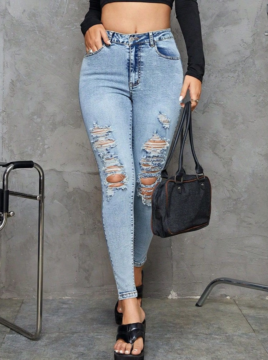 Light Wash Ripped High Rise Skinny Jeans - Blue