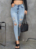 Light Wash Ripped High Rise Skinny Jeans - Blue