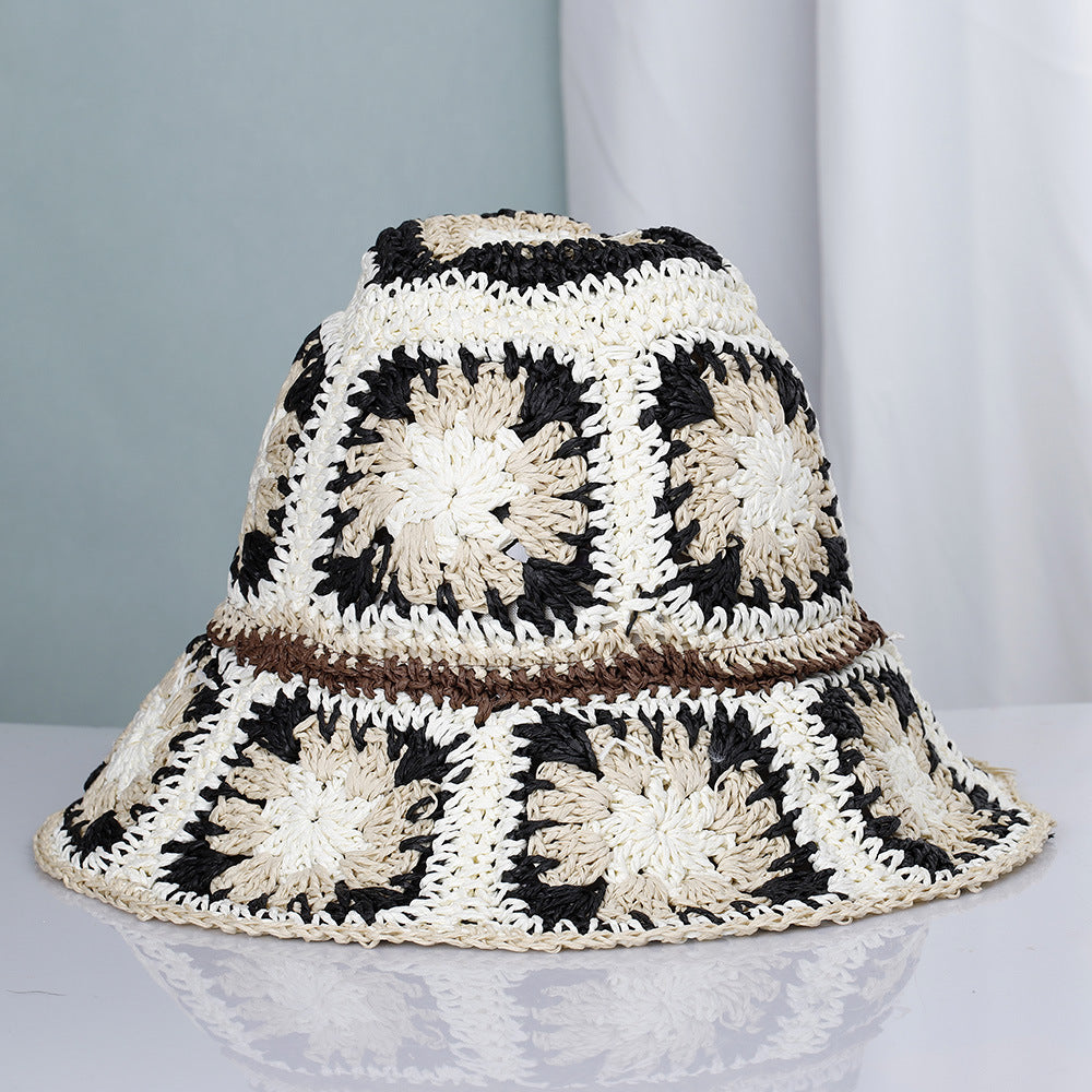 Hand Crochet Floral Motif Bucket Hat - Black