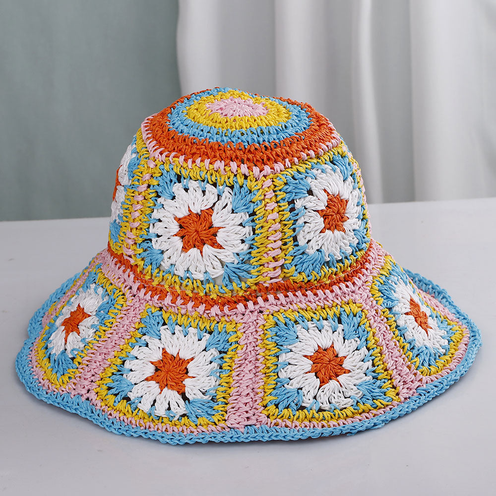 Hand Crochet Floral Motif Bucket Hat - CPink