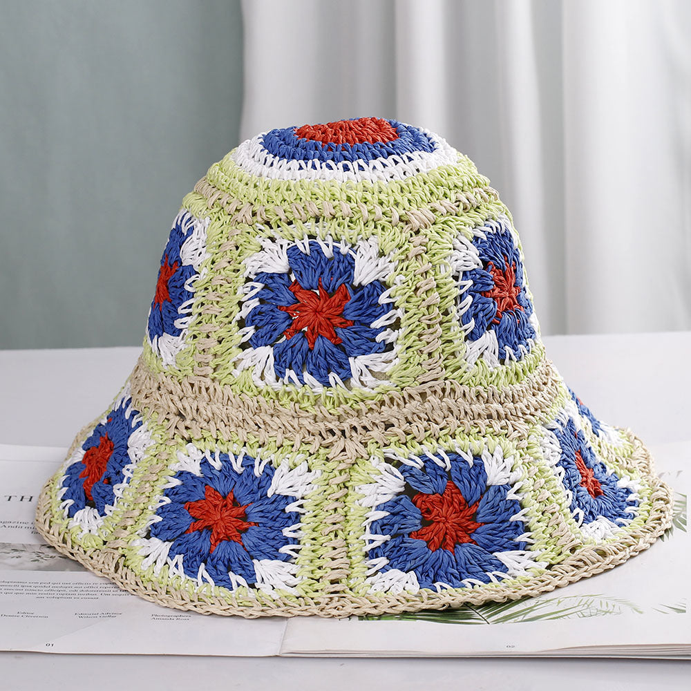 Hand Crochet Floral Motif Bucket Hat - EBlue