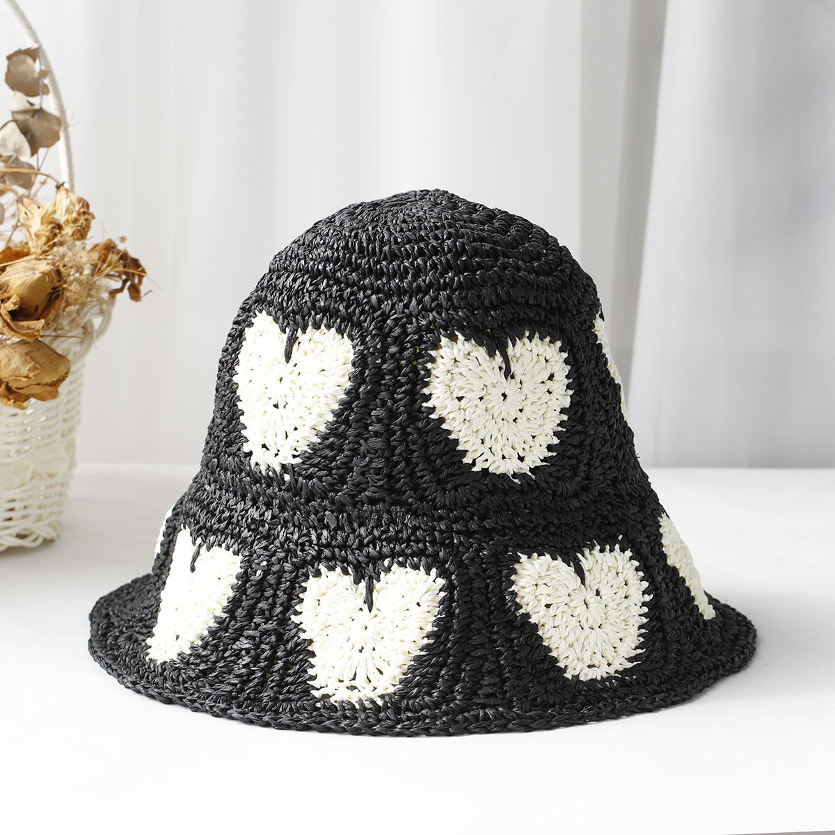 Hand Crochet Floral Motif Bucket Hat - GBlack