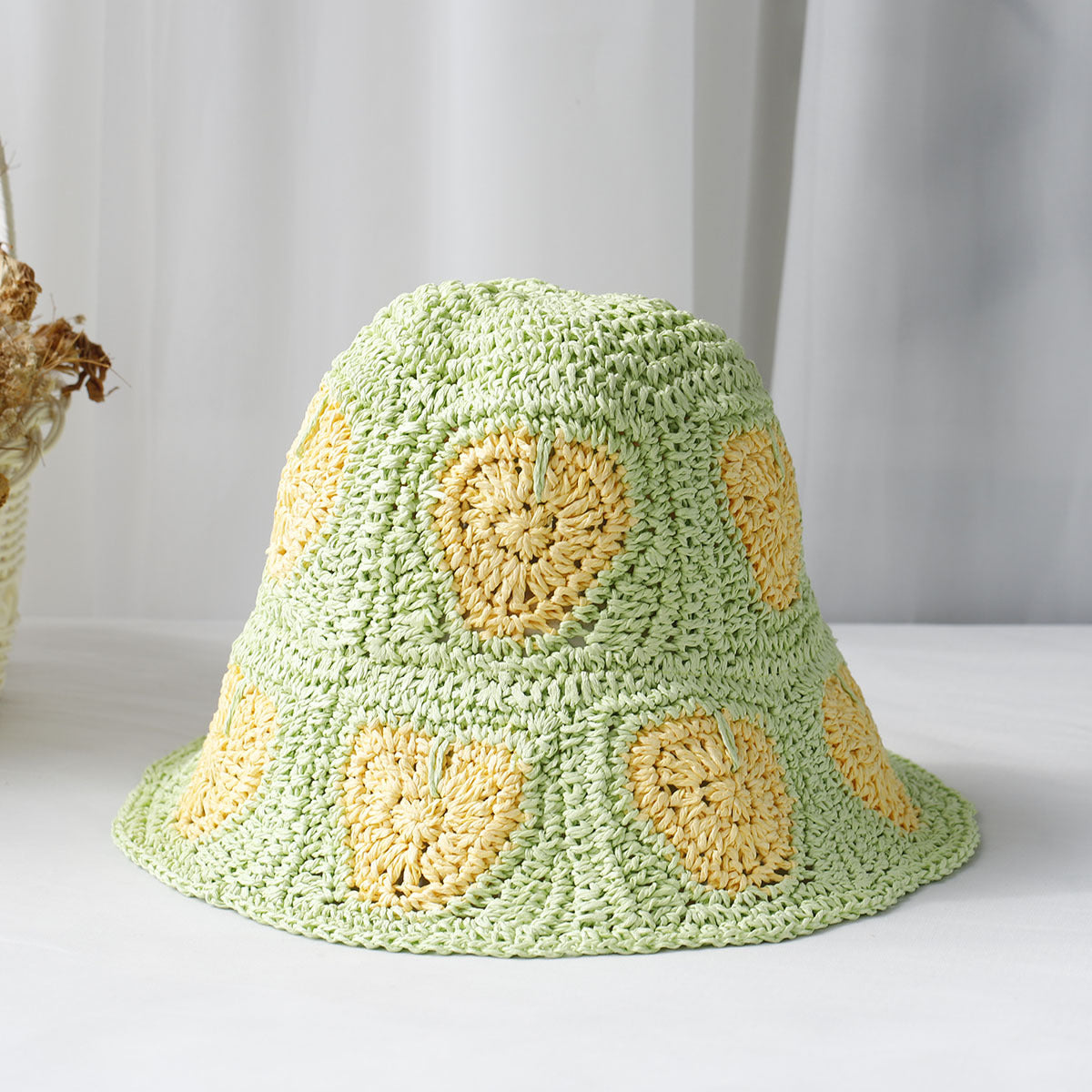 Hand Crochet Floral Motif Bucket Hat - GGreen