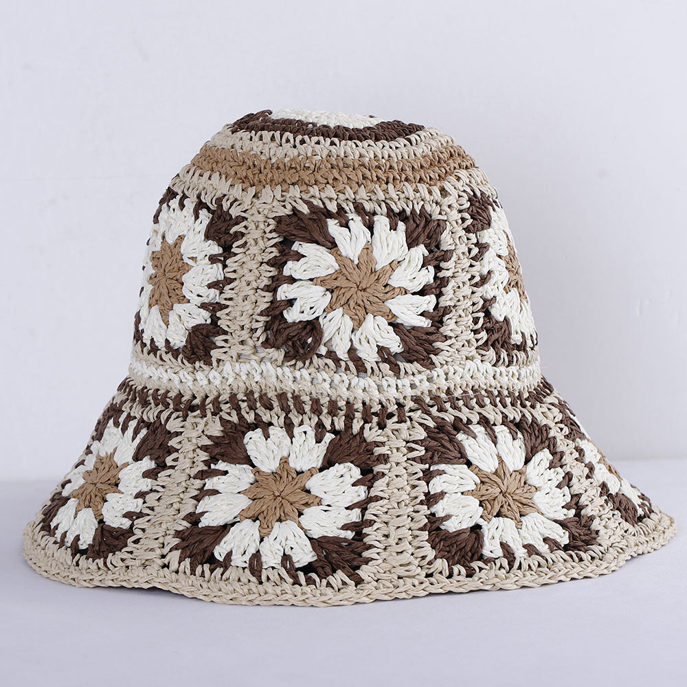 Hand Crochet Floral Motif Bucket Hat - Khaki