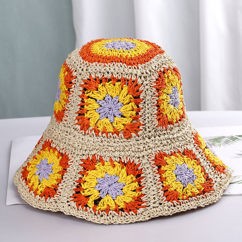 Hand Crochet Floral Motif Bucket Hat - Orange