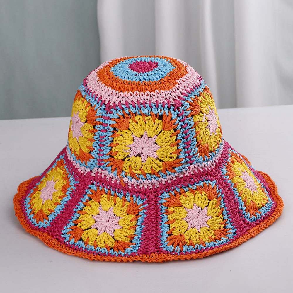 Hand Crochet Floral Motif Bucket Hat - RoseRed
