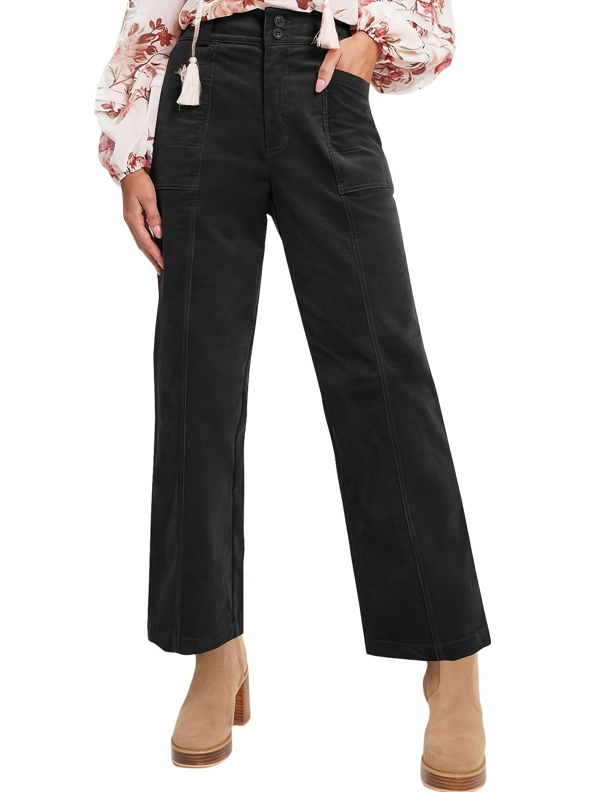 High Rise Patch Pocket Corduroy Pants - Black