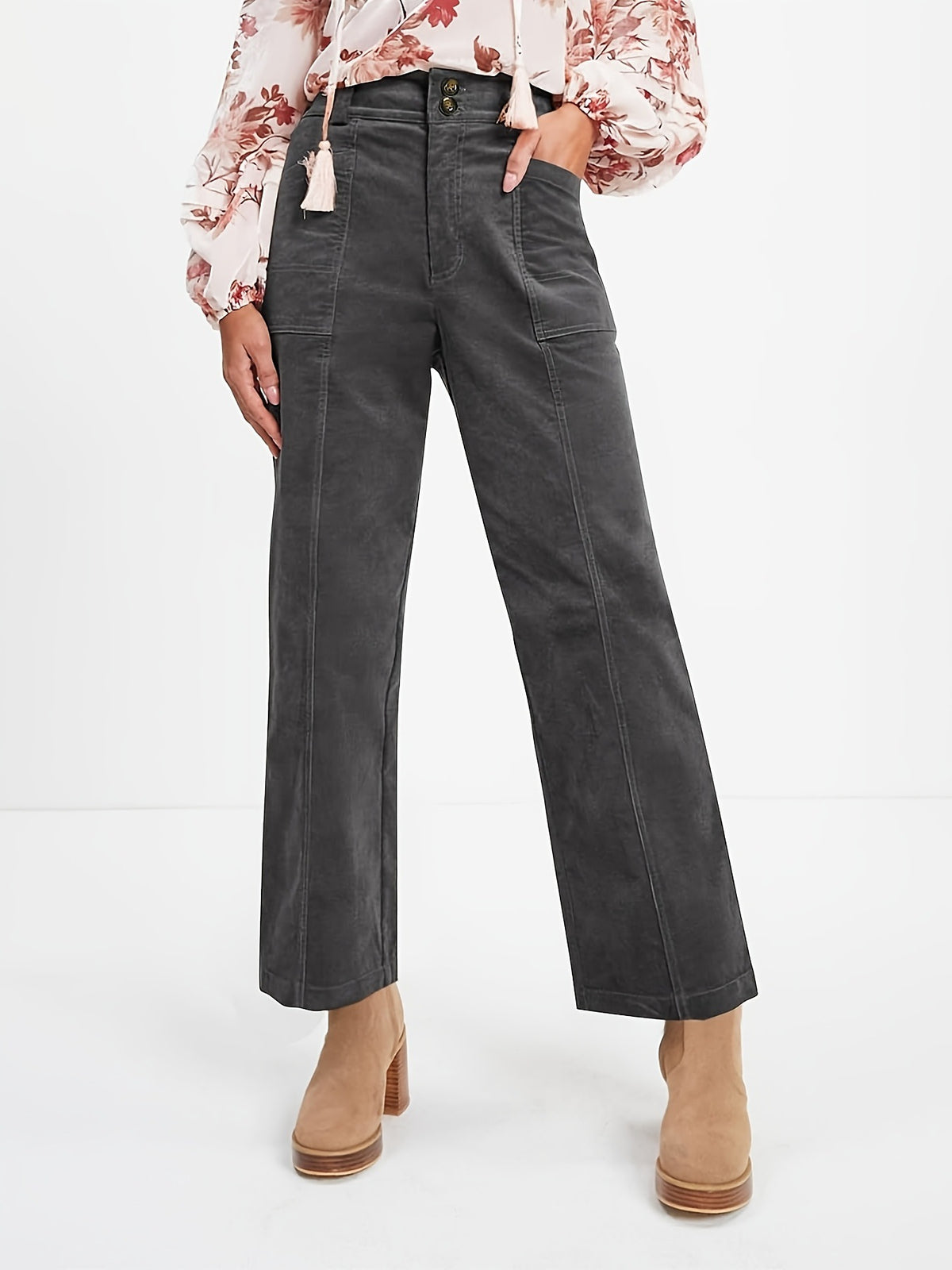 High Rise Patch Pocket Corduroy Pants - DarkGray