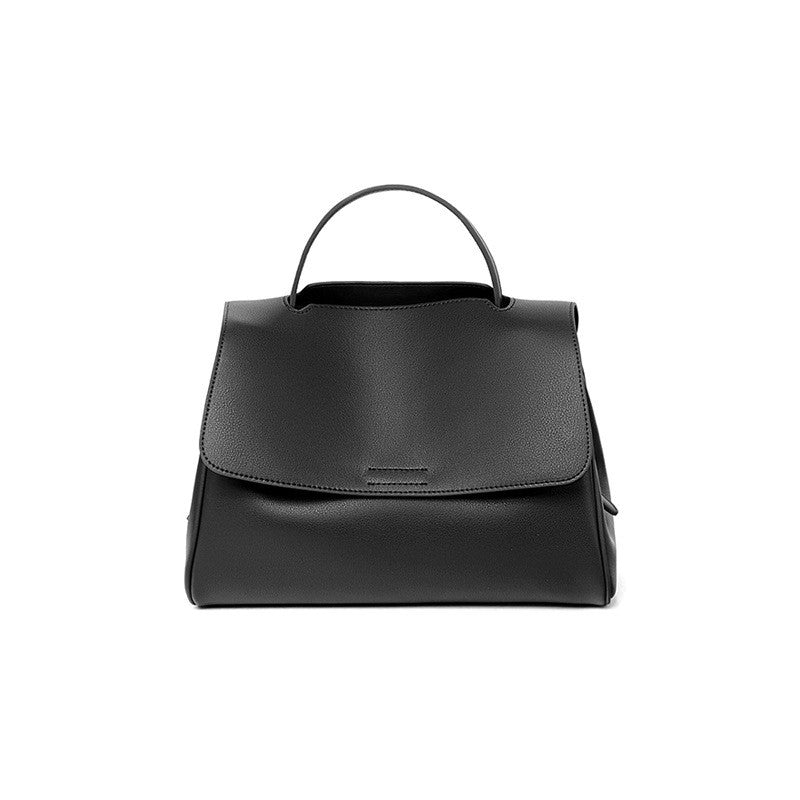 Genuine Leather Flap Top Handle Bag - Black