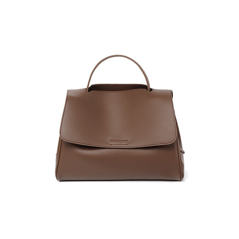 Genuine Leather Flap Top Handle Bag - Chocolate
