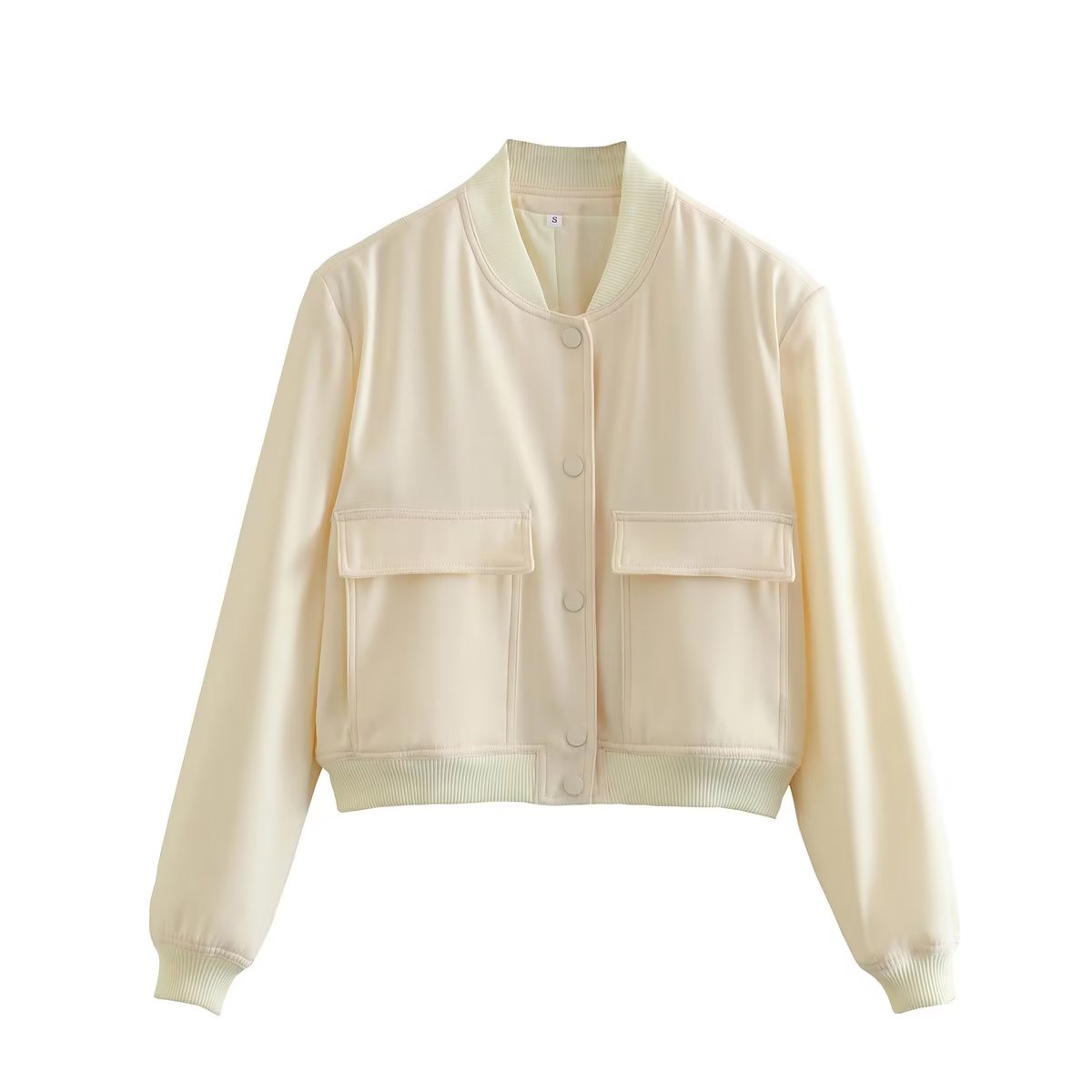 Button Through Cropped Bomber Jacket With Ribbed Trim - Beige