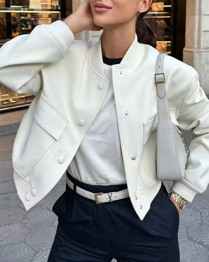 Button Through Cropped Bomber Jacket With Ribbed Trim - Beige - 1