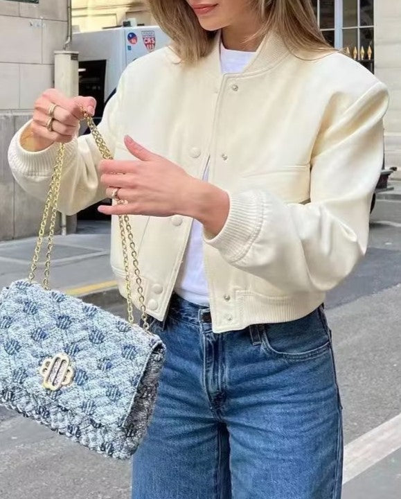Button Through Cropped Bomber Jacket With Ribbed Trim - Beige - 2