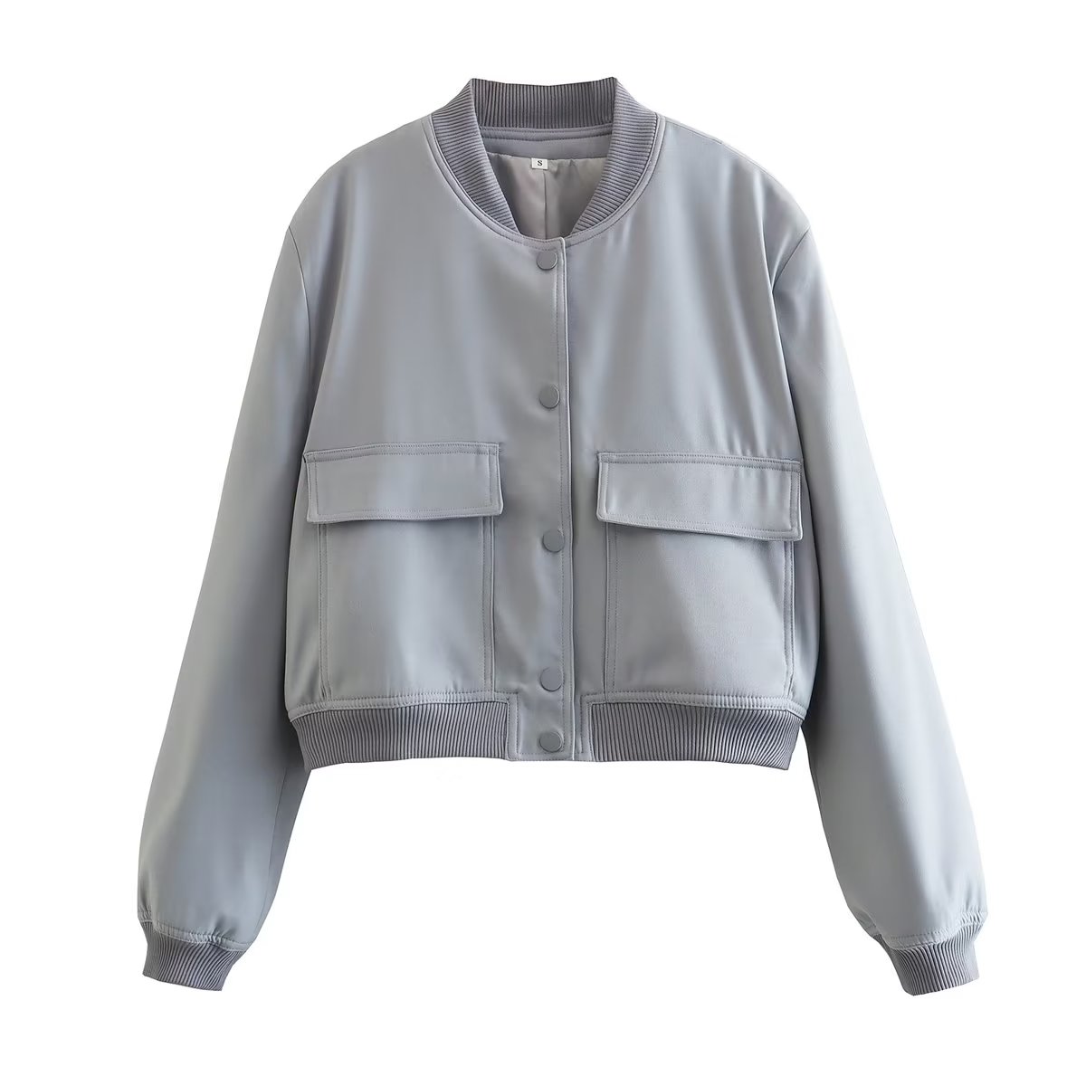 Button Through Cropped Bomber Jacket With Ribbed Trim - Grey
