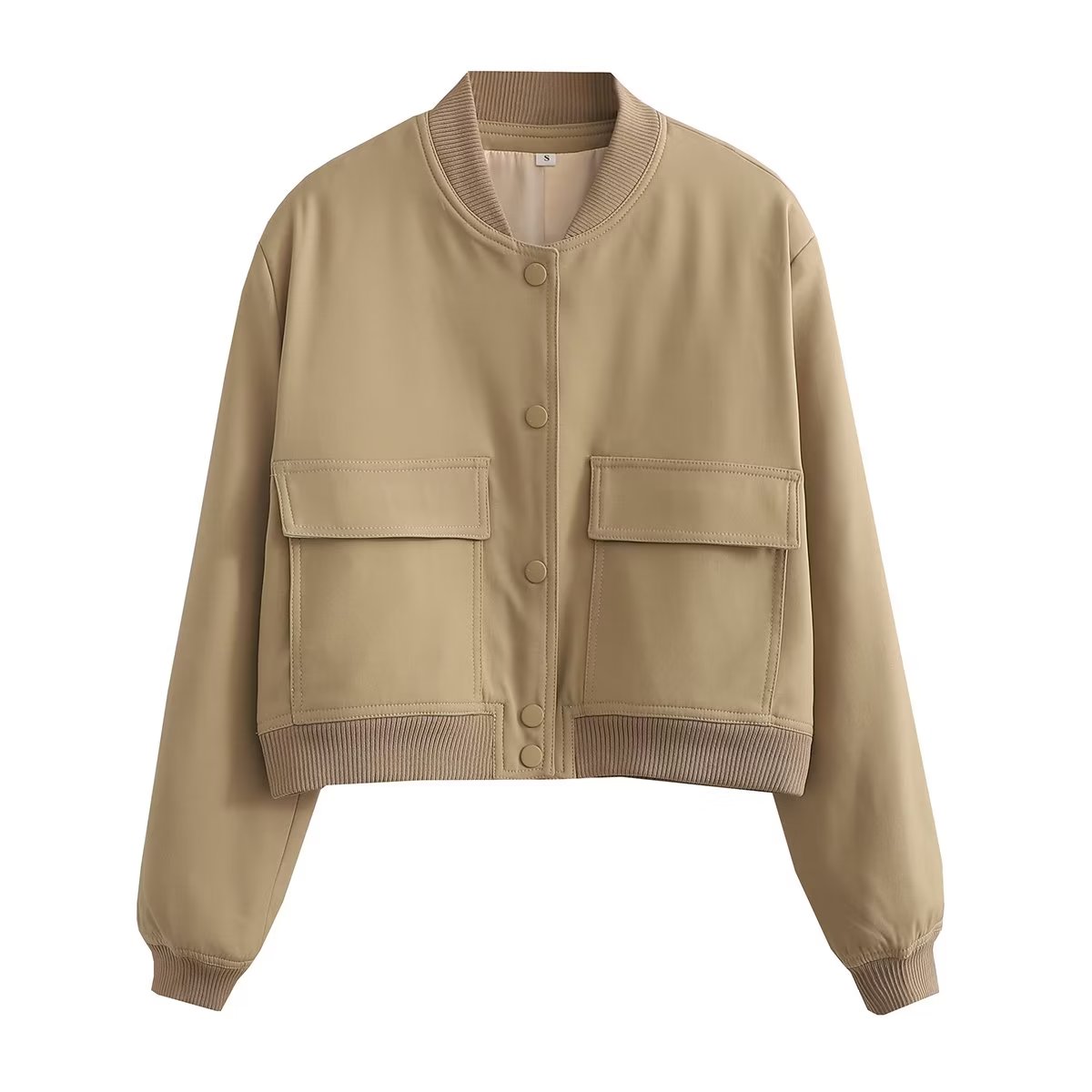 Button Through Cropped Bomber Jacket With Ribbed Trim - Khaki