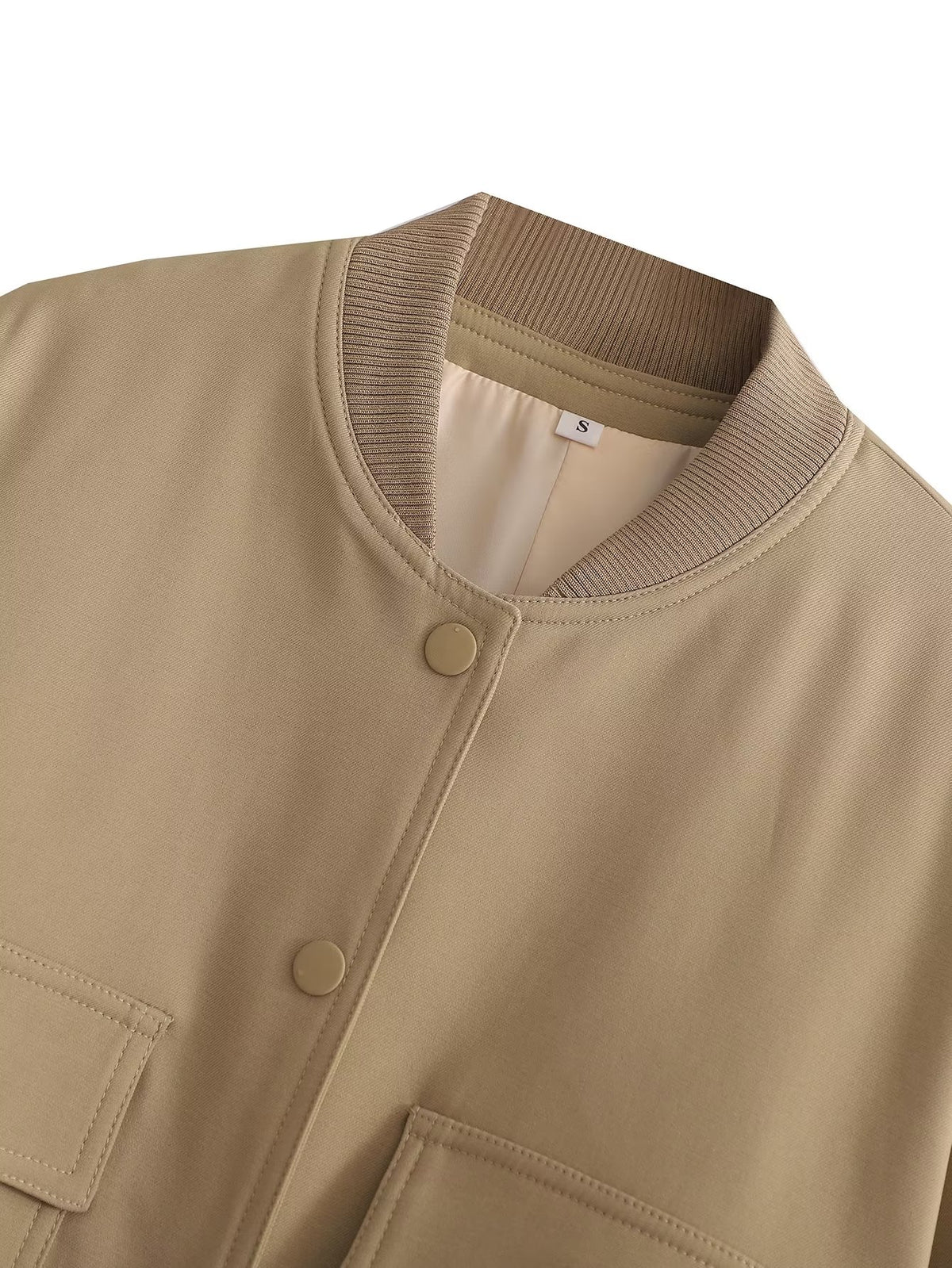 Button Through Cropped Bomber Jacket With Ribbed Trim - Khaki - 1