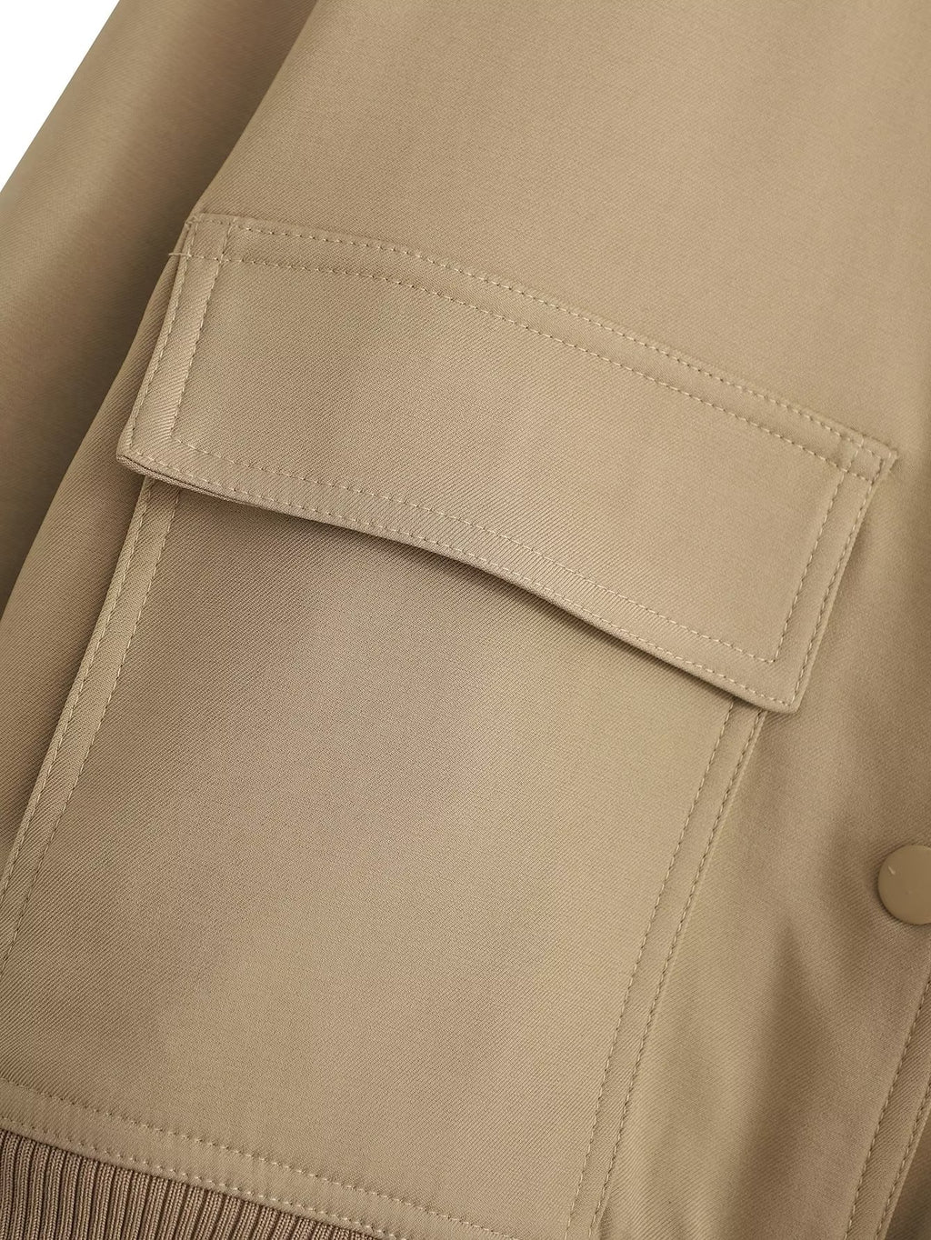 Button Through Cropped Bomber Jacket With Ribbed Trim - Khaki - 3
