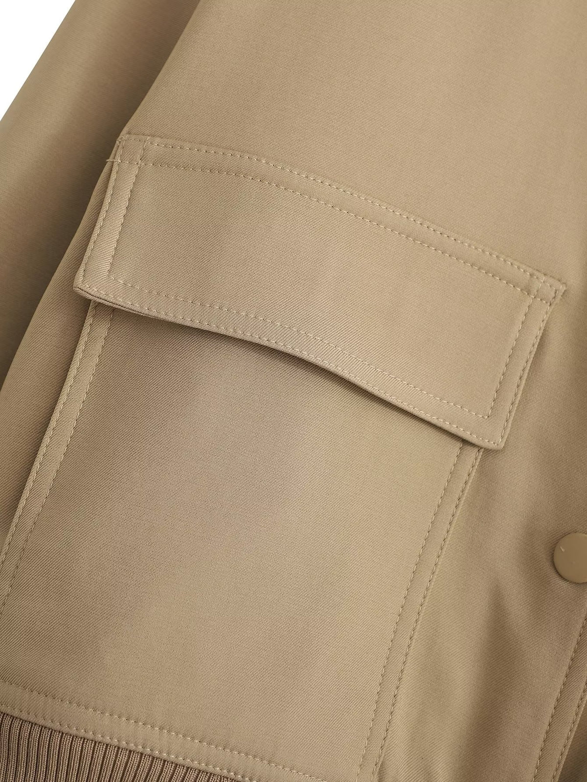 Button Through Cropped Bomber Jacket With Ribbed Trim - Khaki - 3