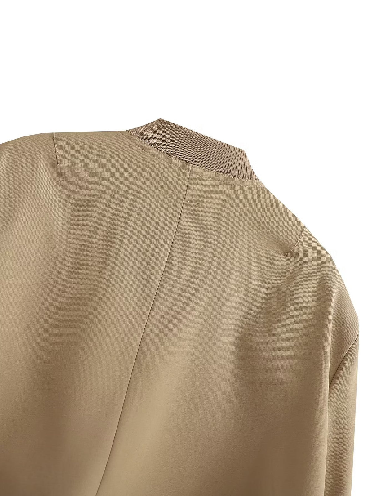 Button Through Cropped Bomber Jacket With Ribbed Trim - Khaki - 6