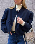 Button Through Cropped Bomber Jacket With Ribbed Trim - black
