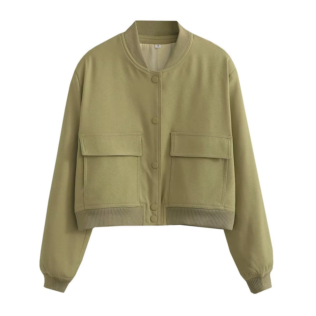 Button Through Cropped Bomber Jacket With Ribbed Trim - green