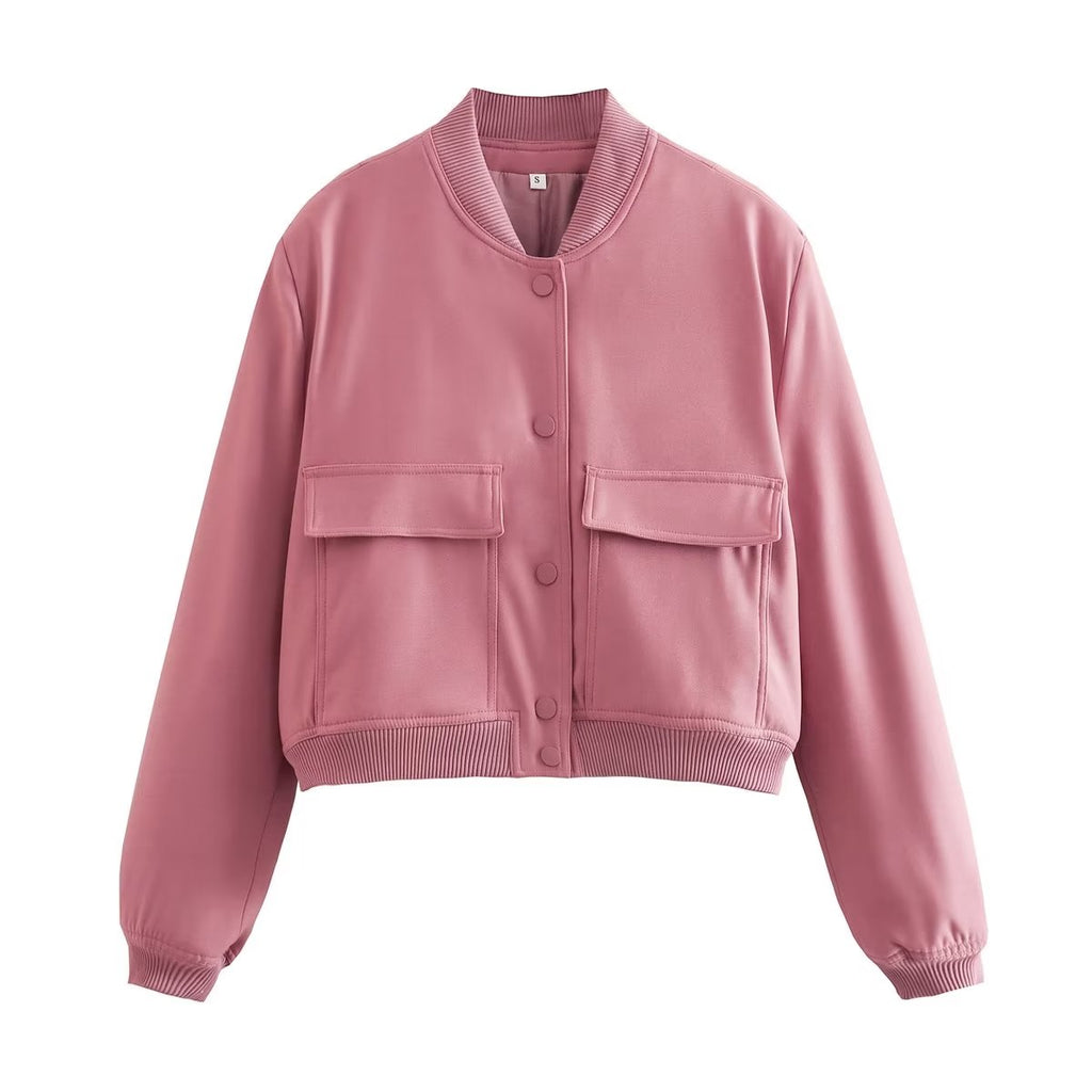Button Through Cropped Bomber Jacket With Ribbed Trim - pink