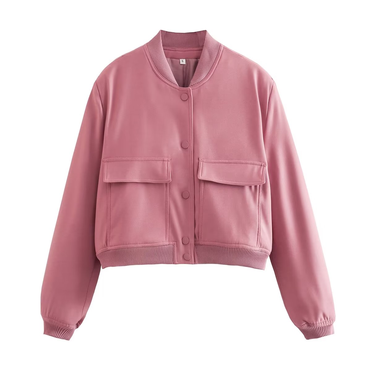 Button Through Cropped Bomber Jacket With Ribbed Trim - pink