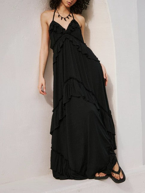Backless Ruffle Maxi Dress With Halter Neck - Black