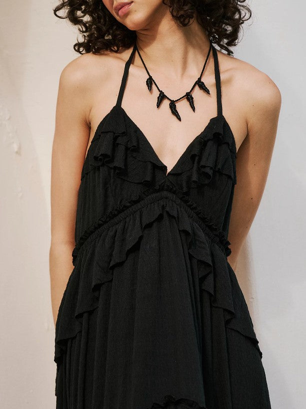 Backless Ruffle Maxi Dress With Halter Neck - Black - 1