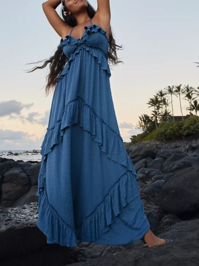 Backless Ruffle Maxi Dress With Halter Neck - Blue