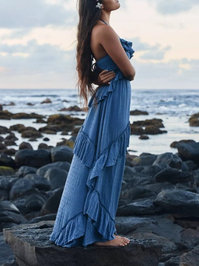 Backless Ruffle Maxi Dress With Halter Neck - Blue - 1