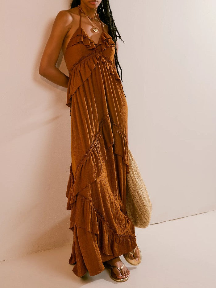 Backless Ruffle Maxi Dress With Halter Neck - Brown