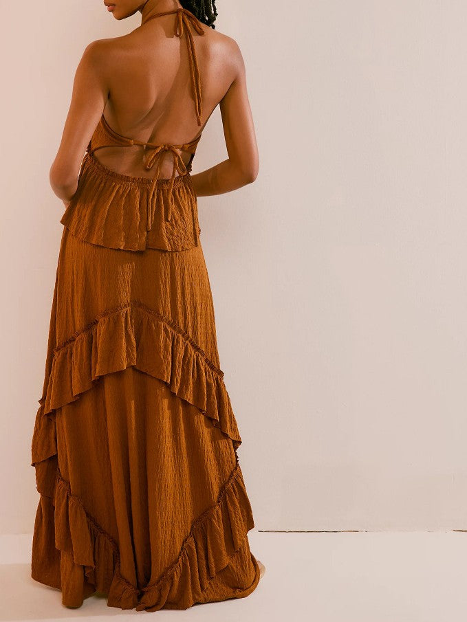 Backless Ruffle Maxi Dress With Halter Neck - Brown - 1