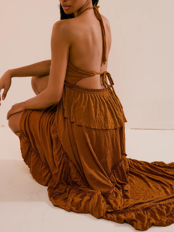 Backless Ruffle Maxi Dress With Halter Neck - Brown - 3