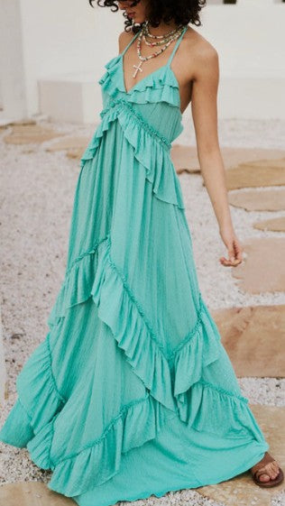Backless Ruffle Maxi Dress With Halter Neck - Cyan