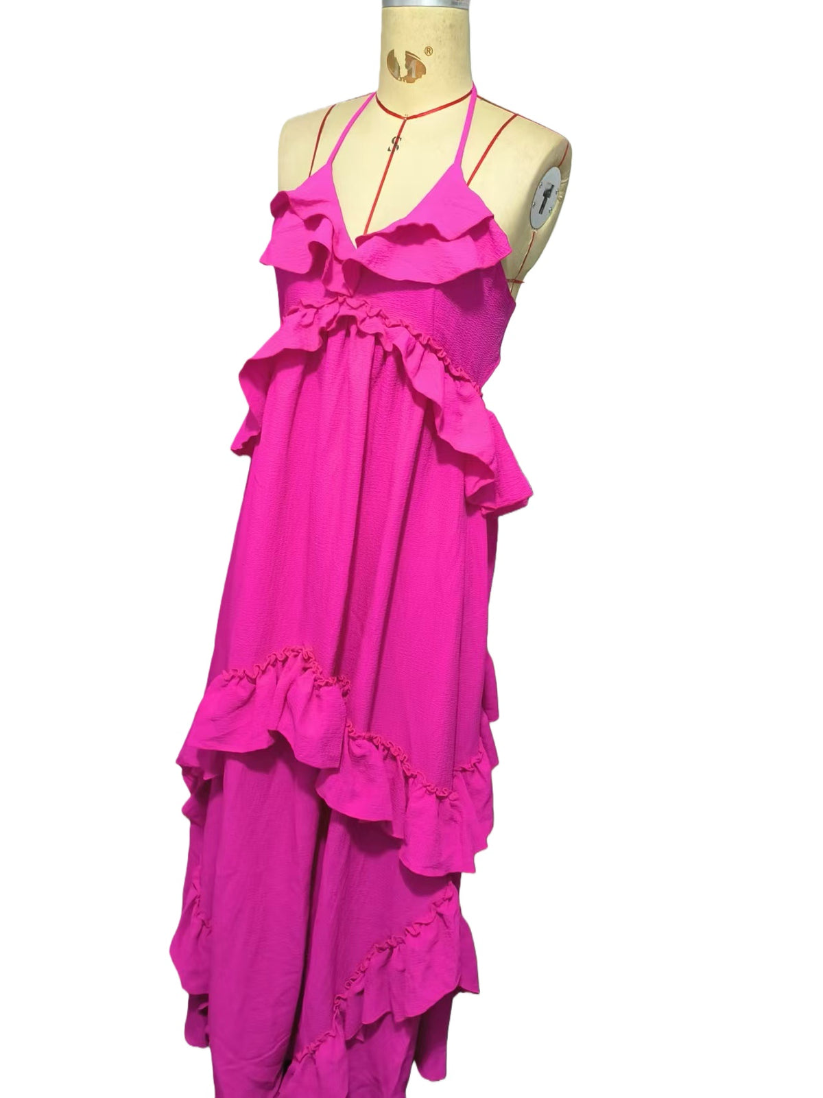 Backless Ruffle Maxi Dress With Halter Neck - Fuchsia - 4