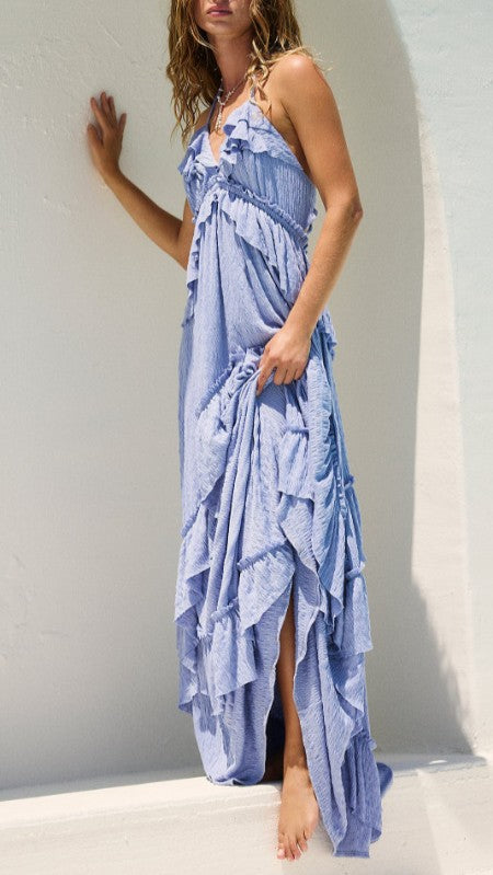 Backless Ruffle Maxi Dress With Halter Neck - LightBlue - 3