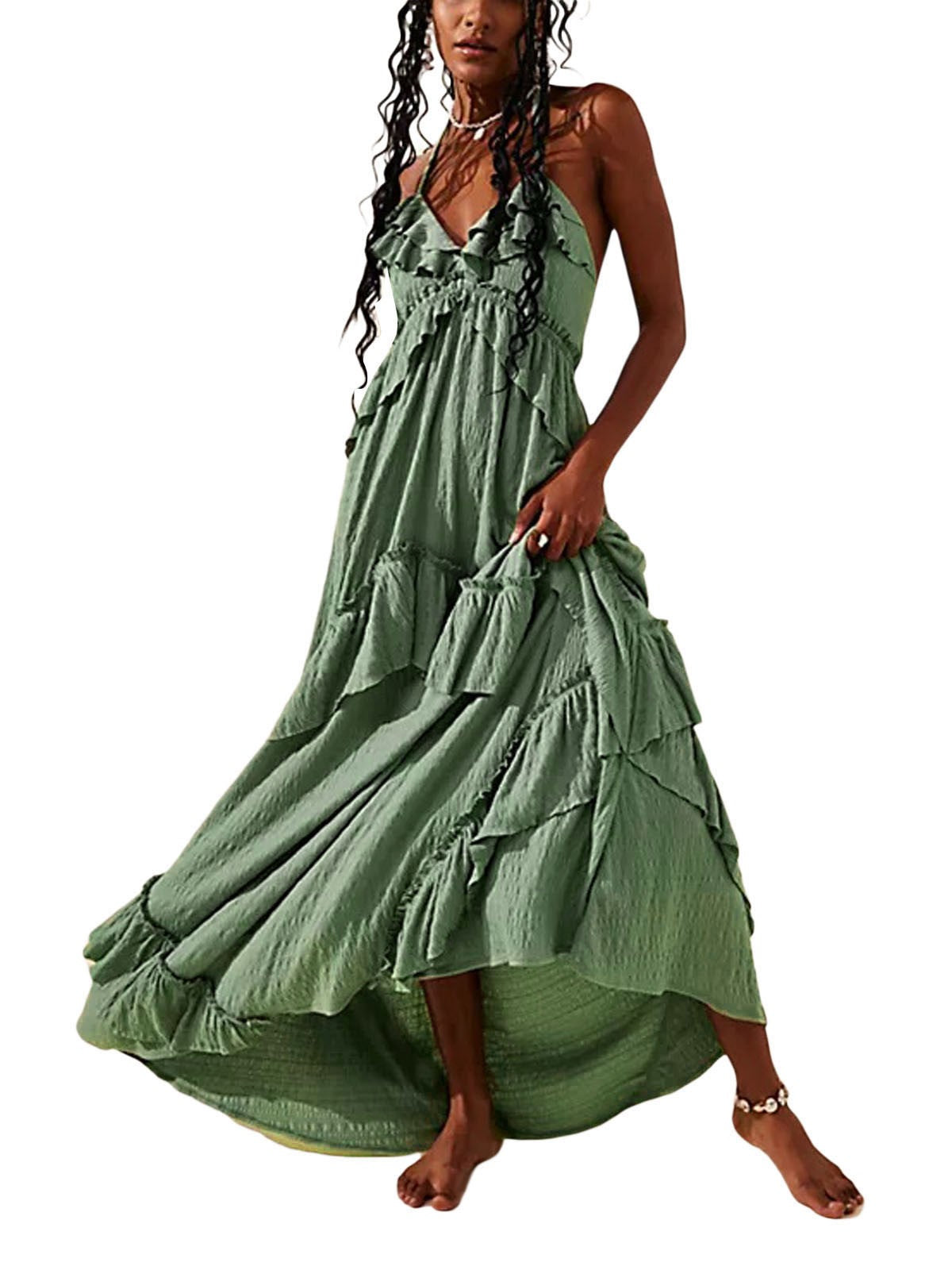 Backless Ruffle Maxi Dress With Halter Neck - Olive