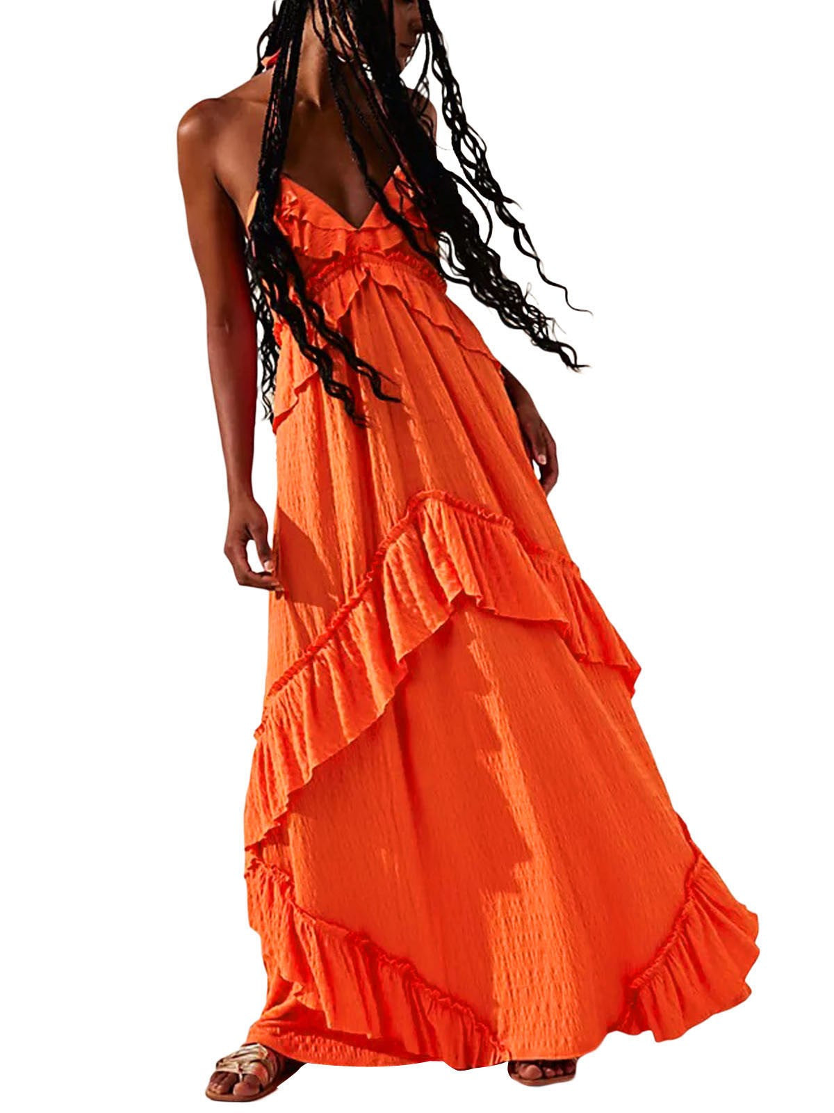 Backless Ruffle Maxi Dress With Halter Neck - Orange