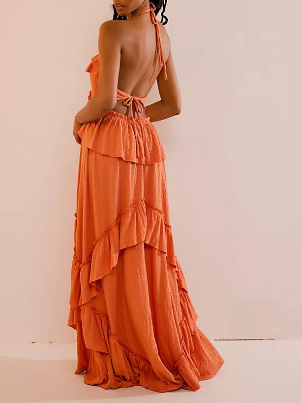 Backless Ruffle Maxi Dress With Halter Neck - Orange - 1