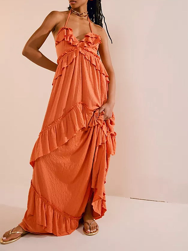 Backless Ruffle Maxi Dress With Halter Neck - Orange - 2