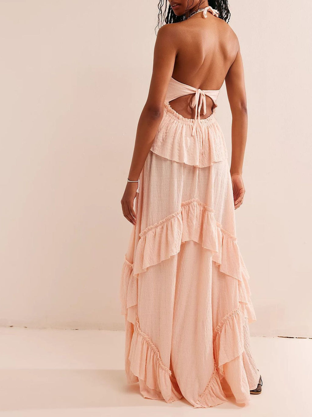 Backless Ruffle Maxi Dress With Halter Neck - Pink - 1