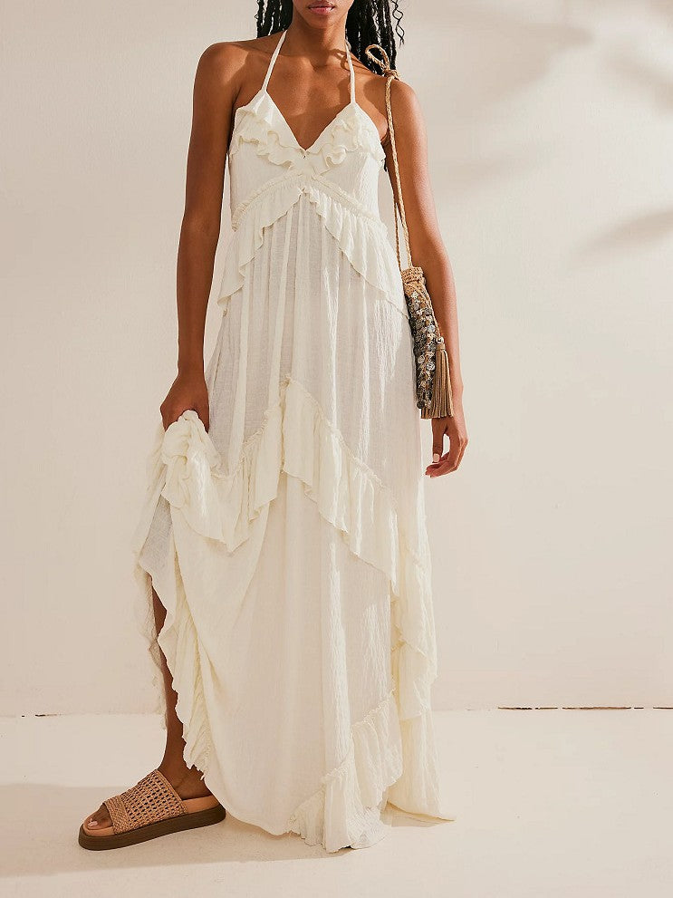 Backless Ruffle Maxi Dress With Halter Neck - White
