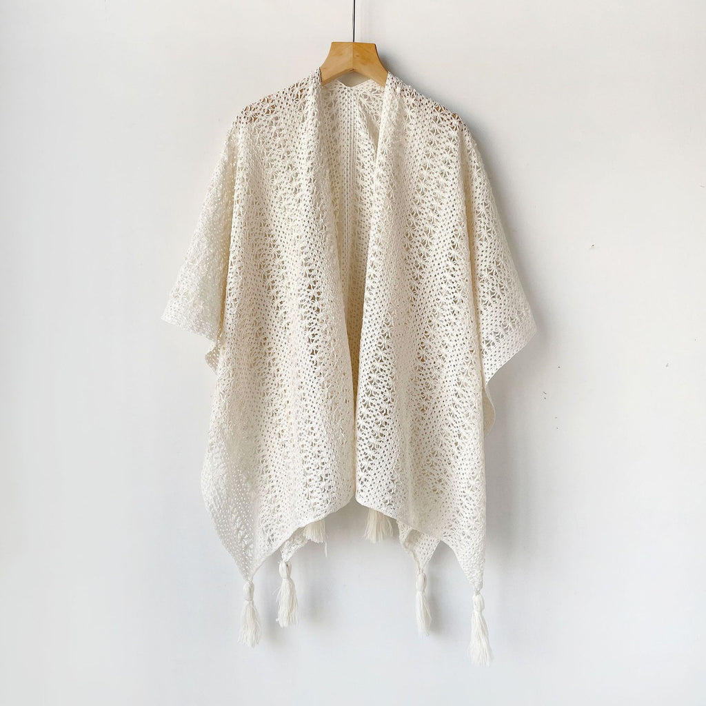 Pointelle Knit Tassel Trim Cape - Beige