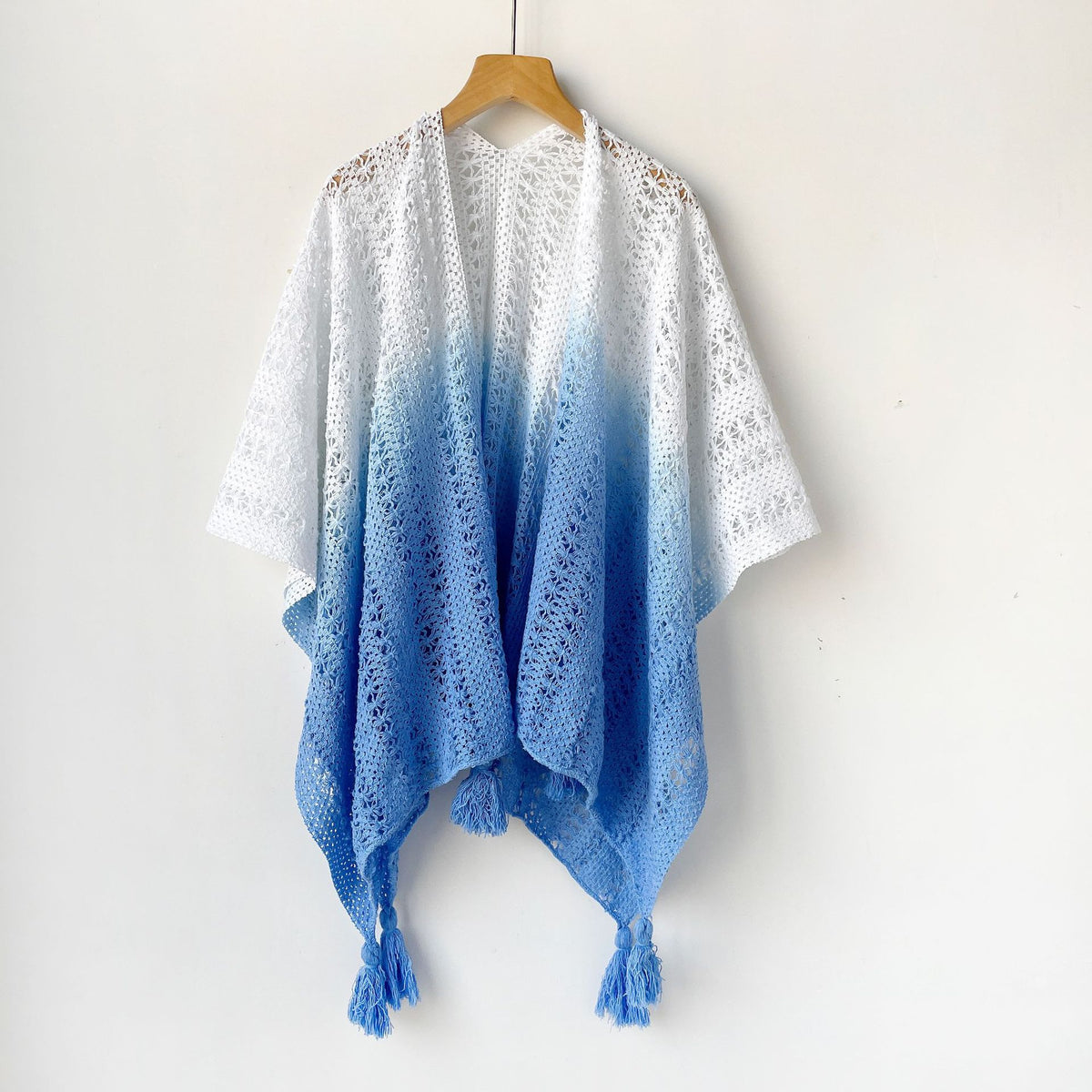 Pointelle Knit Tassel Trim Cape - Blue