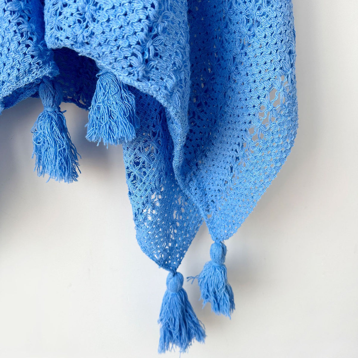Pointelle Knit Tassel Trim Cape - Blue - 1