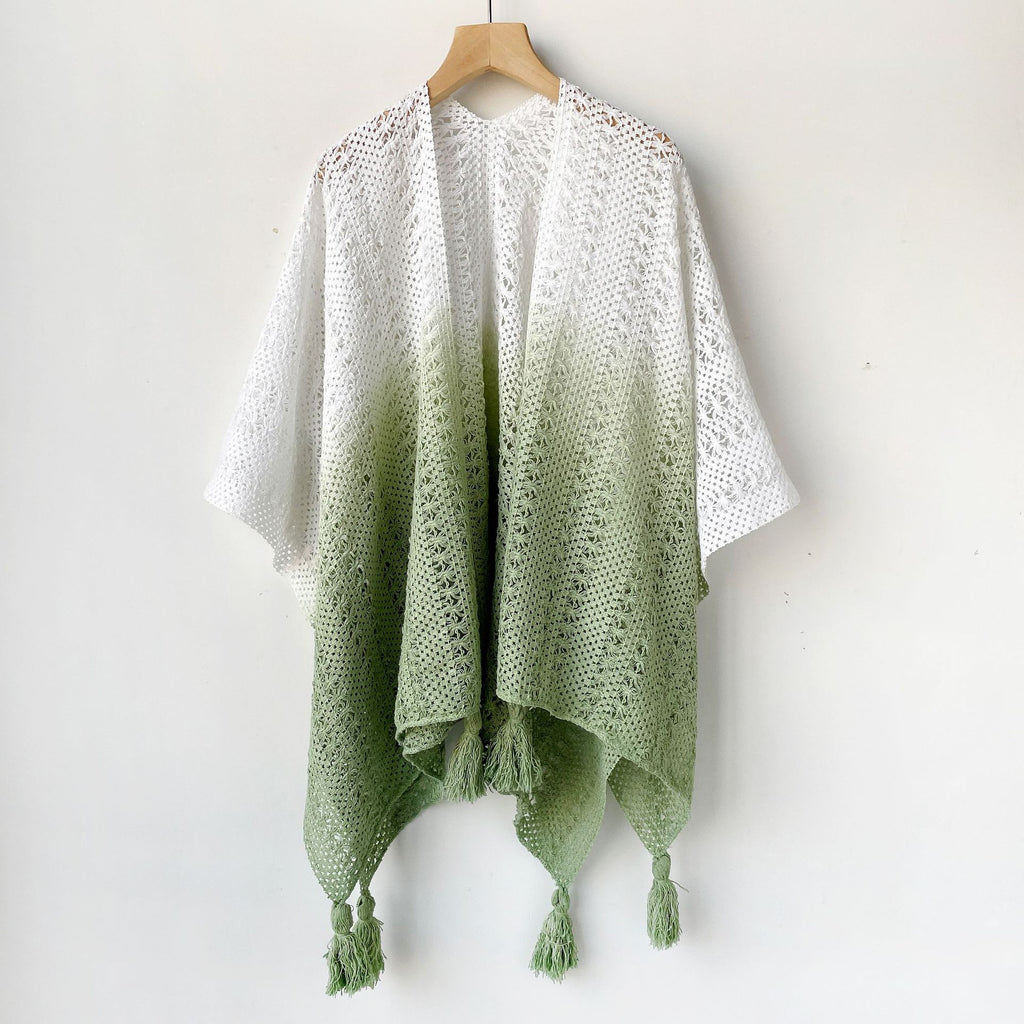 Pointelle Knit Tassel Trim Cape - Green