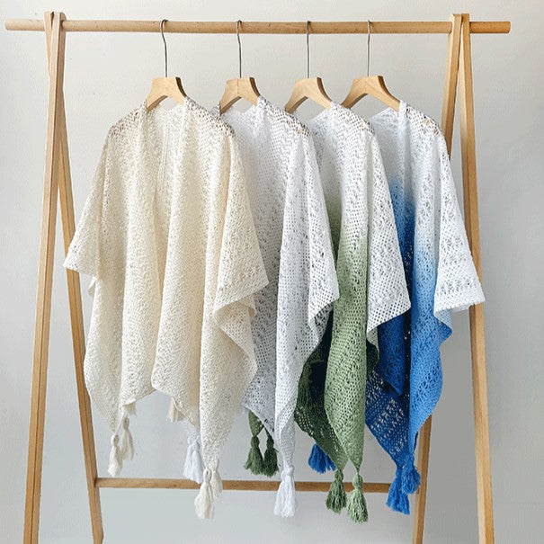 Pointelle Knit Tassel Trim Cape - White