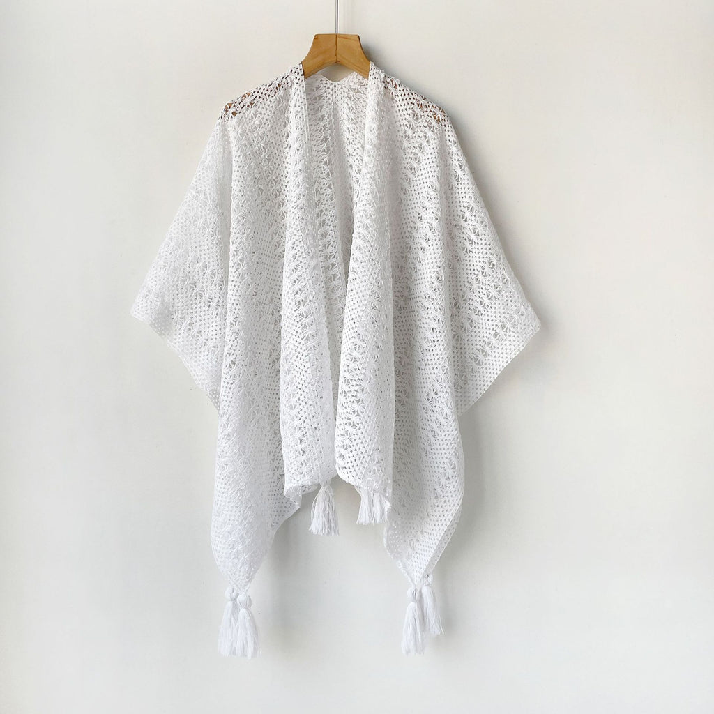 Pointelle Knit Tassel Trim Cape - White - 1